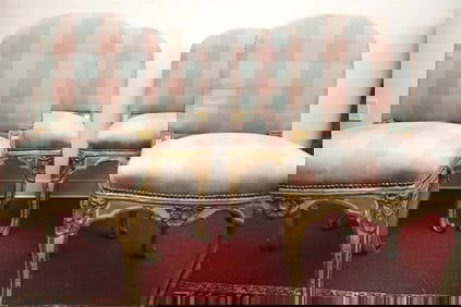 SET FOUR ITALIAN CARVED, CREAM-PAINTED AND GILT SIDE CHAIRS WITH PASTEL PINK AND GREEN BUFFALO CHECK