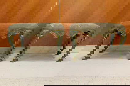 PAIR MID-18TH CENTURY TUSCAN GREEN PAINTED AND PARCEL-GILT UPHOLSTERED STOOLS. Shaped rectangular