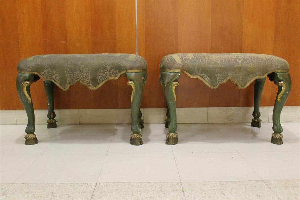 PAIR MID-18TH CENTURY TUSCAN GREEN PAINTED AND PARCEL-GILT UPHOLSTERED STOOLS. Shaped rectangular (1 of 10)