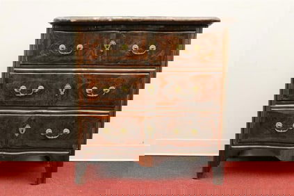 SIGNED FRENCH REGENCE BRASS-INLAID TULIPWOOD AND PARQUETRY COMMODE OF ARC EN ARBALÈTE FORM BY