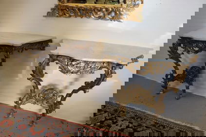 LOUIS XV GILTWOOD CONSOLE TABLE AND ANOTHER EN SUITE OF LATER DATE. - H: 35 1/4". W: 38". D: 17