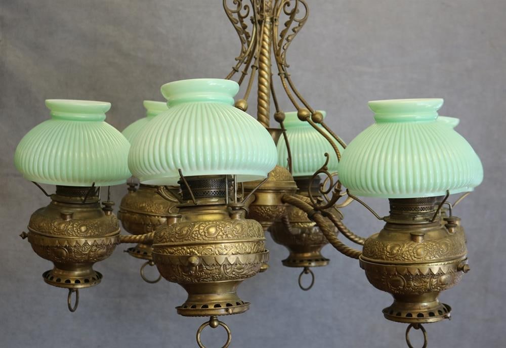 LATE 19TH CENTURY VICTORIAN BRASS SIX-LIGHT CHANDELIER, LATER ELECTRIFIED. - H: app. 37"; spread (1 of 14)