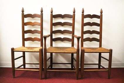 SET EIGHT LADDER-BACK, RUSH SEAT COUNTRY CHAIRS, Made in the 1950s.