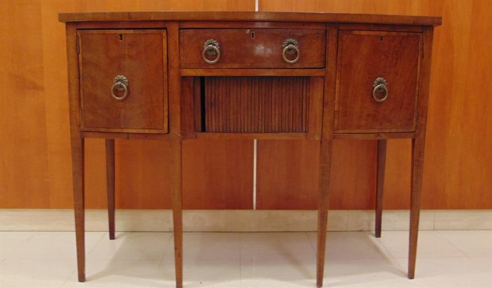 ENGLISH HEPPLEWHITE INLAID MAHOGANY BOWFRONT SIDEBOARD. - H: 36 in.; W: 48 3/4 in. D: 22 1/2 in. (1 of 11)