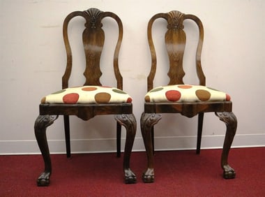 SET EIGHT QUEEN ANNE/CHIPPENDALE TRANSITIONAL STYLE FIGURED WALNUT DINING CHAIRS,