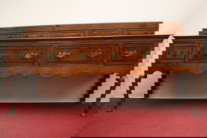 QUEEN ANNE STYLE INLAID OAK SIDEBOARD, - H: 37 in. W: 80 3/4 in. D: 20 in.