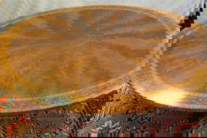 FIGURED MAHOGANY INLAID CIRCULAR-TOP DINING TABLE WITH PEDESTAL BASE, - H: 30". Top, D: 84".