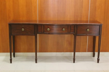 HEPPLEWHITE STYLE MAHOGANY SERPENTINE FRONT, THREE-DRAWER SIDEBOARD, - H: 36 1/2 in. W: 78 in. D: 20