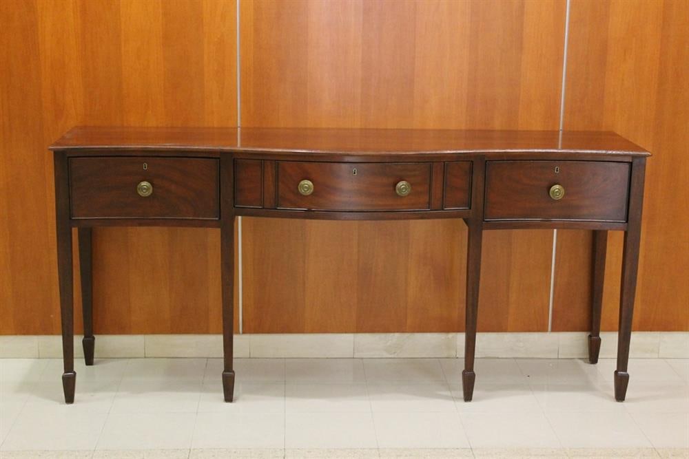 HEPPLEWHITE STYLE MAHOGANY SERPENTINE FRONT, THREE-DRAWER SIDEBOARD, - H: 36 1/2 in. W: 78 in. D: 20 (1 of 7)