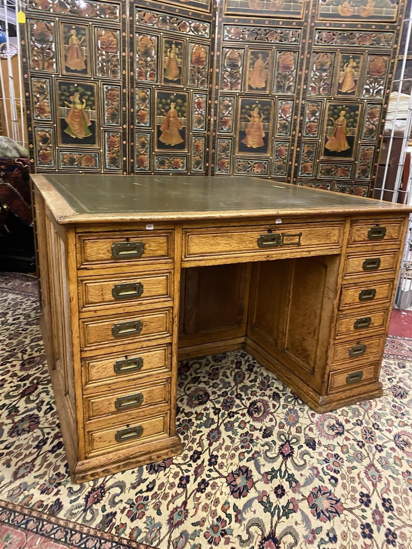 UNUSUAL ENGLISH SQUARE GOLDEN OAK PARTNER'S DESK. late 19th century. - H: 31 1/2 in. Top, 49 1/2 in. (1 of 20)
