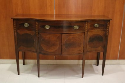 AMERICAN HEPPLEWHITE INLAID MAHOGANY SERPENTINE-FRONT SIDEBOARD, - H: 37 3/4". W: 59 1/4". D: 23".