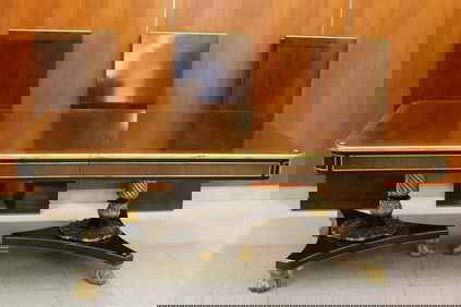 BAKER CO. GEORGE III STYLE CARVED AND PARCEL-GILT MAHOGANY DOUBLE-PEDESTAL BANQUET TABLE WITH THREE