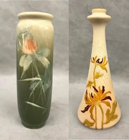 TWO PIECES ROSEVILLE ROZANE WARE ART POTTERY, ONE WITH FLORAL DECORATION, OTHER "WOODLAND" ,