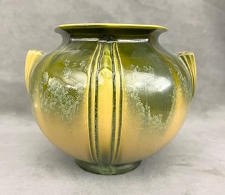 ROSEVILLE "RUSSCO" GREEN CRYSTALLINE ART POTTERY ROSE BOWL,