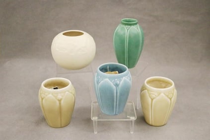 FIVE ROOKWOOD ART POTTERY MONOCHROME GLAZED VASES WITH RELIEF DECORATION. Pair cream color, H: 4 3/8