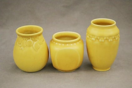 THREE PIECES ROOKWOOD POTTERY YELLOW MONOCHROME GLAZED ART POTTERY. Squares-sided pot, 1928, H: 3