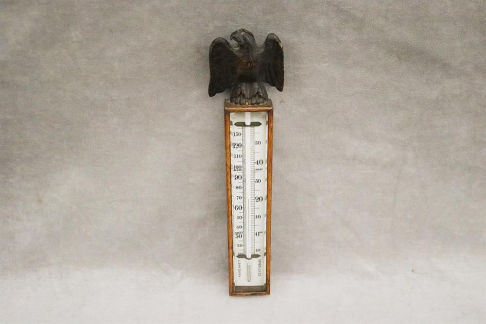 VINTAGE WOODEN RECTANGULAR WALL BAROMETER WITH CARVED EAGLE CREST, late 19th-early 20th century. - (1 of 5)