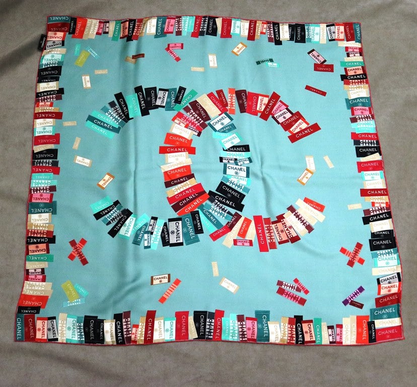 CHANEL MULTICOLOR LOGO PRINT SILK SQUARE SCARF, (1 of 8)