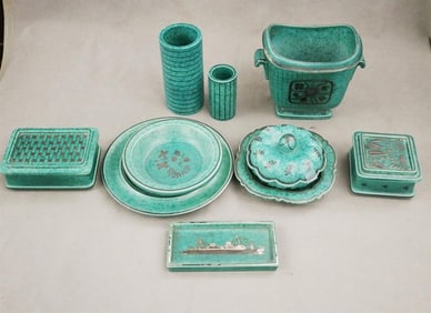 TWELVE ASSORTED PIECES WILLIAM KAGE FOR GUSTAVSBERG, SWEDEN, ARGENTA SILVER-INLAID STONEWARE.