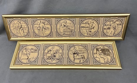 SET NINE CERAMIC TILES, IN TWO GILT FRAMES, POSSIBLY MINTON, late 19th century. - Each, 6 in. x 6