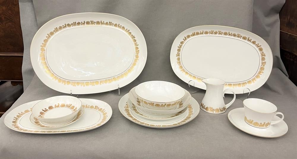 97-PIECE SERVICE SPANISH BLOCK "BIDASOA" PATTERN GILT-DECORATED WHITE CHINA TABLEWARE,: 97-PIECE SERVICE SPANISH BLOCK "BIDASOA" PATTERN GILT-DECORATED WHITE CHINA TABLEWARE. Including 14 dinner plates, 15 salad/dessert plates, 13 soup bowls, 17 cups with 15 saucers, 13 berry bowls, 2 l
