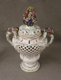 DRESDEN (CARL THIEME) POLYCHROMED PORCELAIN LIFT-COVER PORCELAIN URN AND SIMILAR BUT NON-ASSOCIATED