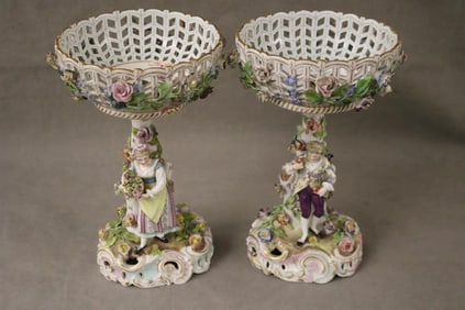 PAIR DRESDEN (CARL THIEME) POLYCHROMED PORCELAIN FIGURAL COMPOTES, - Compote, H: 10 3/8 in.