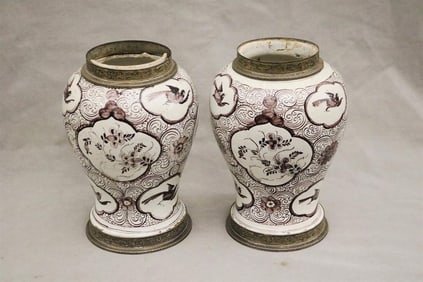 GERMAN FAIENCE AUBERGINE CHINOISERIE-DECORATED CERAMIC BALUSTER-FORM JARS WITH SILVER-PLATED MOUNTS.