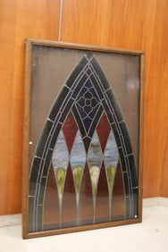STAINED GLASS ARCHED CHURCH WINDOW IN SHADOW BOX FRAME , late 19th-early 20th century. - Arch, H: