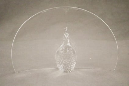 SIGNED STEUBEN COLORLESS GLASS TABLETOP PEACOCK ORNAMENT, - H: 9 1/2 in. W: 14 1/2 in.