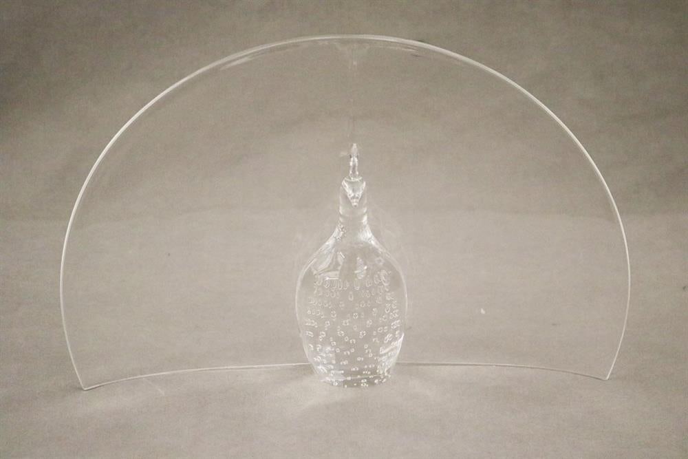 SIGNED STEUBEN COLORLESS GLASS TABLETOP PEACOCK ORNAMENT, - H: 9 1/2 in. W: 14 1/2 in. (1 of 6)