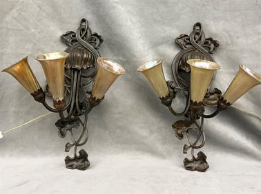 PAIR THREE-LIGHT ART NOUVEAU STYLE WALL SCONCES WITH YELLOW-GOLD IRIDESCENT FAVRILE-TYPE FLORAL FORM