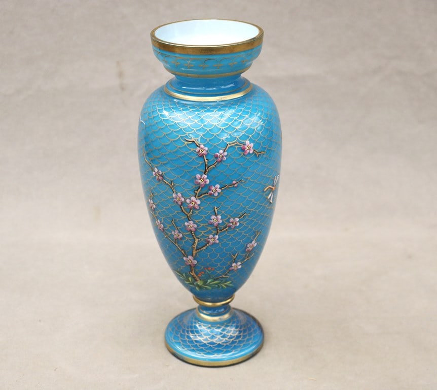 AESTHETIC MOVEMENT TURQUOISE COLOR BRISTOL GLASS VASE, - Height: 10 3/4". (1 of 11)