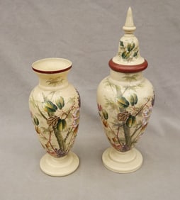 TWO CLOSELY SIMILAR POLYCHROME FLORAL PAINTED CREAM COLOR BRISTOL GLASS VASES, late 19th century. -