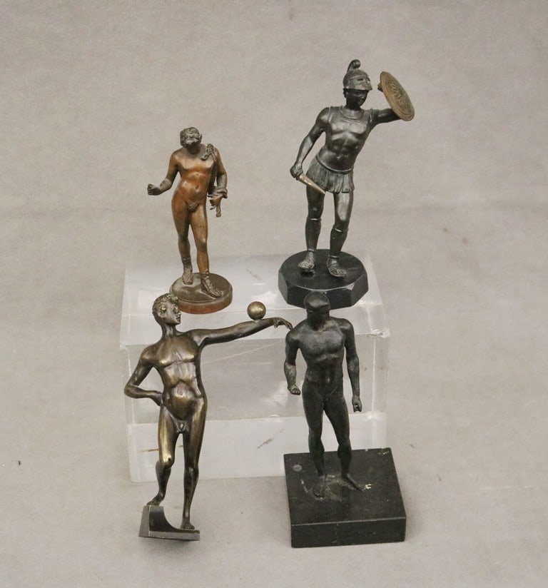 FOUR ASSORTED BRONZE MINIATURE CLASSICAL FIGURES OF MALE YOUTHS. (1 of 5)