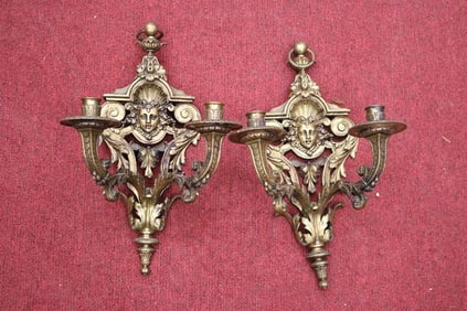 PAIR WALL NEOCLASSICAL CAST BRASS TWO-LIGHT WALL SCONCES, 19th century. - H: 19 1/2". Spread, 11