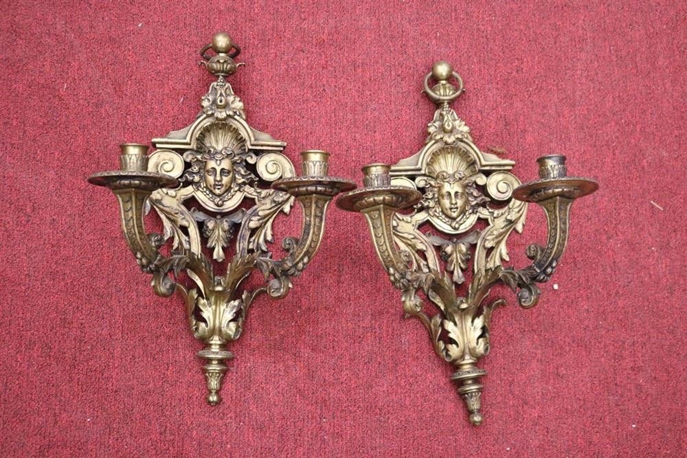 PAIR WALL NEOCLASSICAL CAST BRASS TWO-LIGHT WALL SCONCES, 19th century. - H: 19 1/2". Spread, 11 (1 of 13)