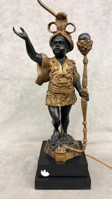 BLACK AND GILT PATINATED BRONZE FIGURE OF STANDING BLACKAMOOR, MOUNTED AS TABLELAMP, 19th century. -