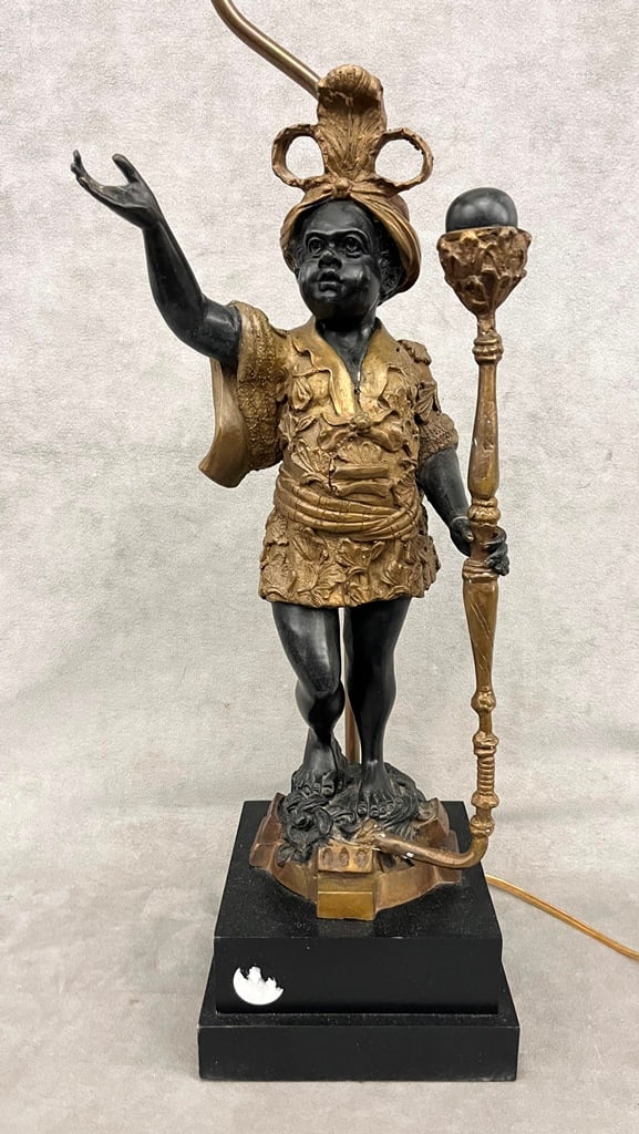 BLACK AND GILT PATINATED BRONZE FIGURE OF STANDING BLACKAMOOR, MOUNTED AS TABLELAMP, 19th century. - (1 of 10)