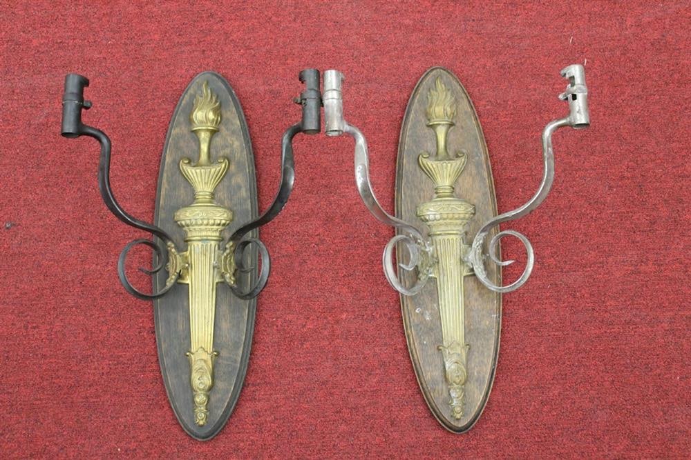 PAIR TORCH AND BAYONET WALL SCONCES. Late 19th century. - Height: 19 1/4". (1 of 5)