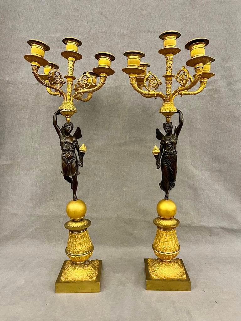 PAIR FRENCH BRONZE AND GILT-BRONZE FIGURAL FIVE-LIGHT CANDELABRAS, 19th century. - H: 24 in. (1 of 20)