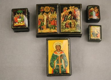 FIVE ASSORTED RUSSIAN PAINTED BLACK LACQUER RELIGIOUS-SCENE MINIATURE RECTANGULAR BOXES. - Largest,