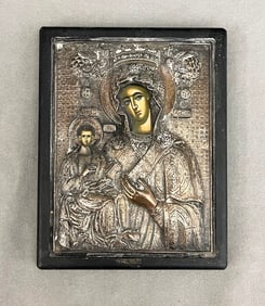 GREEK PAINTED ICON OF VIRGIN AND CHILD WITH SILVER PLATED OKLAD. 20th century. - 7 3/4 in. x 6 in.