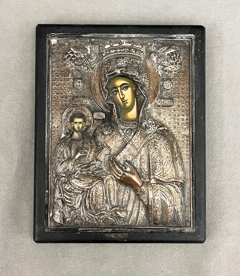 GREEK PAINTED ICON OF VIRGIN AND CHILD WITH SILVER PLATED OKLAD. 20th century. - 7 3/4 in. x 6 in.: GREEK PAINTED ICON OF VIRGIN AND CHILD WITH SILVER PLATED OKLAD. 20th century. - 7 3/4 in. x 6 in.