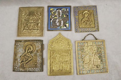 SIX ASSORTED RUSSIAN BRASS/BRONZE RECTANGULAR TRAVELING ICONS, - Largest, 5" x 4 1/2".