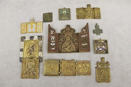 ELEVEN ASSORTED RUSSIAN RELIEF CAST BRASS/BRONZE TRAVELING ICONS. - Largest, 4 1/2" x 6".