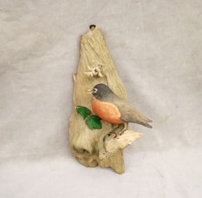 SIGNED A. ZINK 1977, "RED-BREASTED AMERICAN ROBIN" PAINTED WOODEN BIRD CARVING, - H: 15 in.