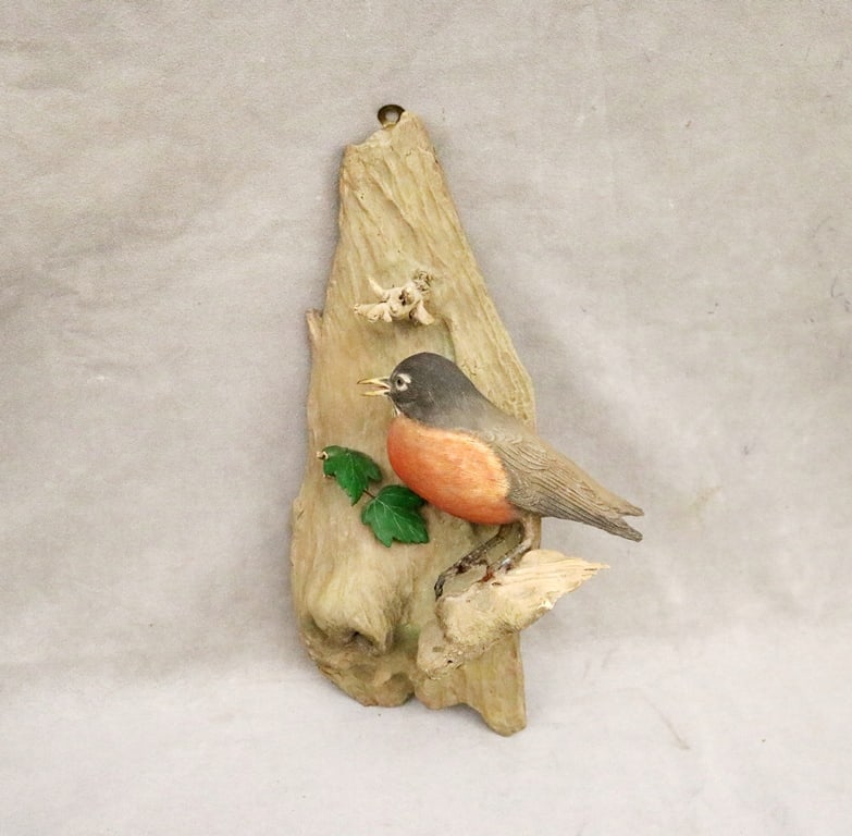 SIGNED A. ZINK 1977, "RED-BREASTED AMERICAN ROBIN" PAINTED WOODEN BIRD CARVING, - H: 15 in. (1 of 8)