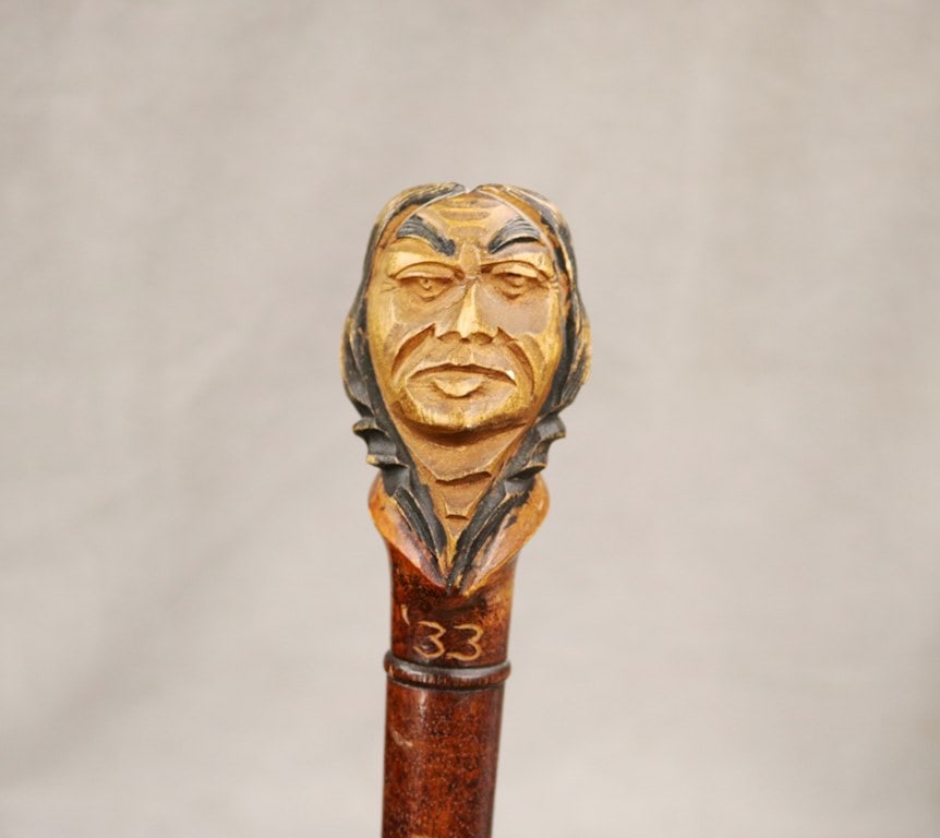 DARTMOUTH COLLEGE HAND-CARVED WOODEN INDIAN CANE, CLASS OF '33. - L: 36". (1 of 5)