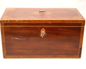 GEORGE III INLAID MAHOGANY HINGED-TOP RECTANGULAR TEA CADDY. - Height: 5 1/2". Top, 10 1/4" x 5